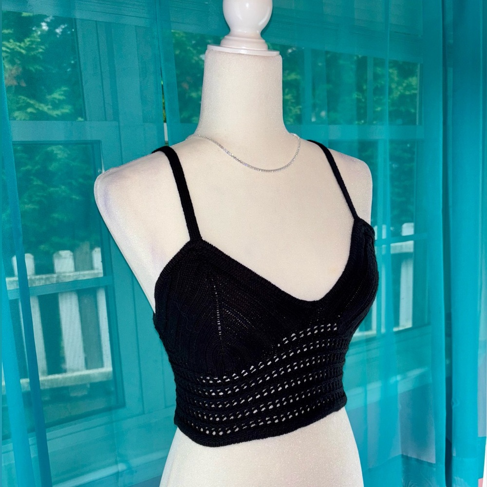 wild fable Black Crochet Knit Crop Top Plunge Neckline Size XS Adjustable Straps